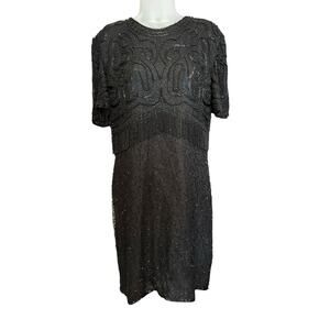Vintage LAURENCE KAZAR Black Beaded Sequin Party Dress Size XL